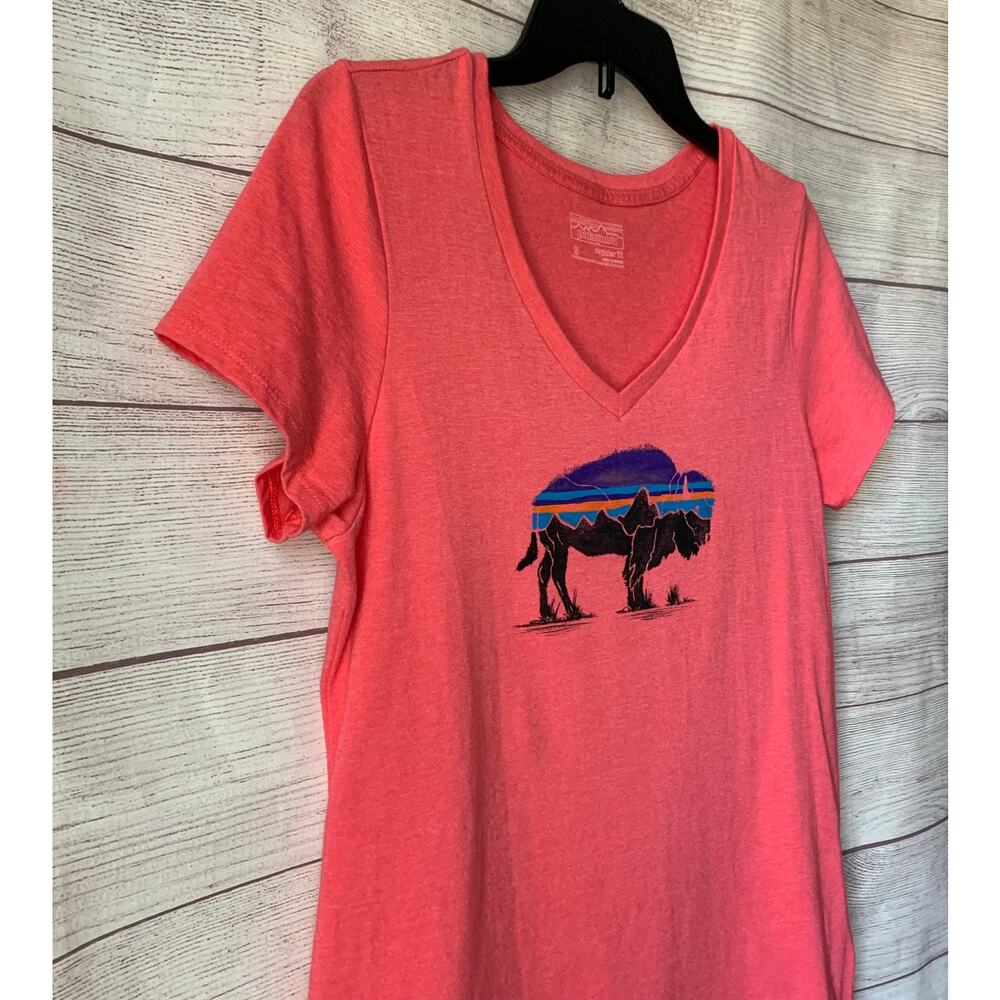Patagonia Coral V-Neck Tee with Blue and Black Buffalo Graphic - Picture 2 of 10